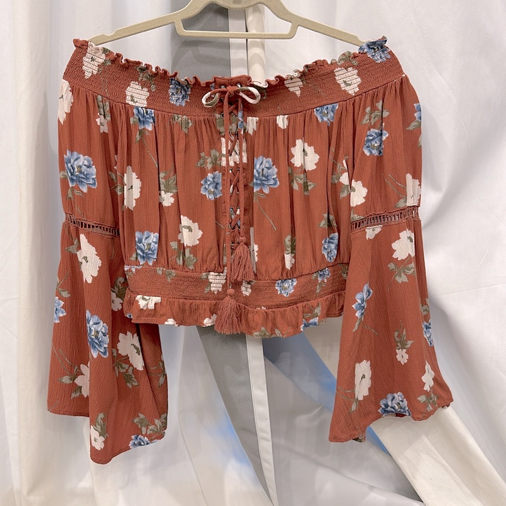 American Eagle Outfitters Bell Sleeve Off Shoulder Lace-up Tassle Tie Top